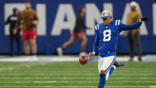 Indianapolis Colts punter Rigoberto Sanchez (8) warms up Sunday, Nov. 26, 2023, before facing the Tampa Bay Buccaneers at Lucas Oil Stadium in Indianapolis.  